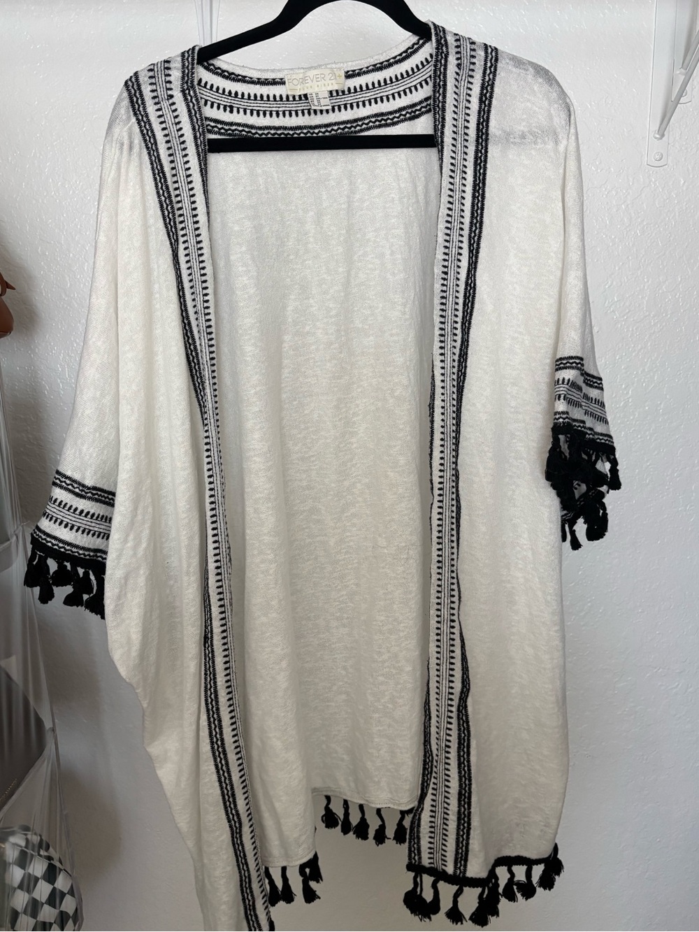 Forever 21 Plus White Kimono with Black Embroidered Trim/Tassels